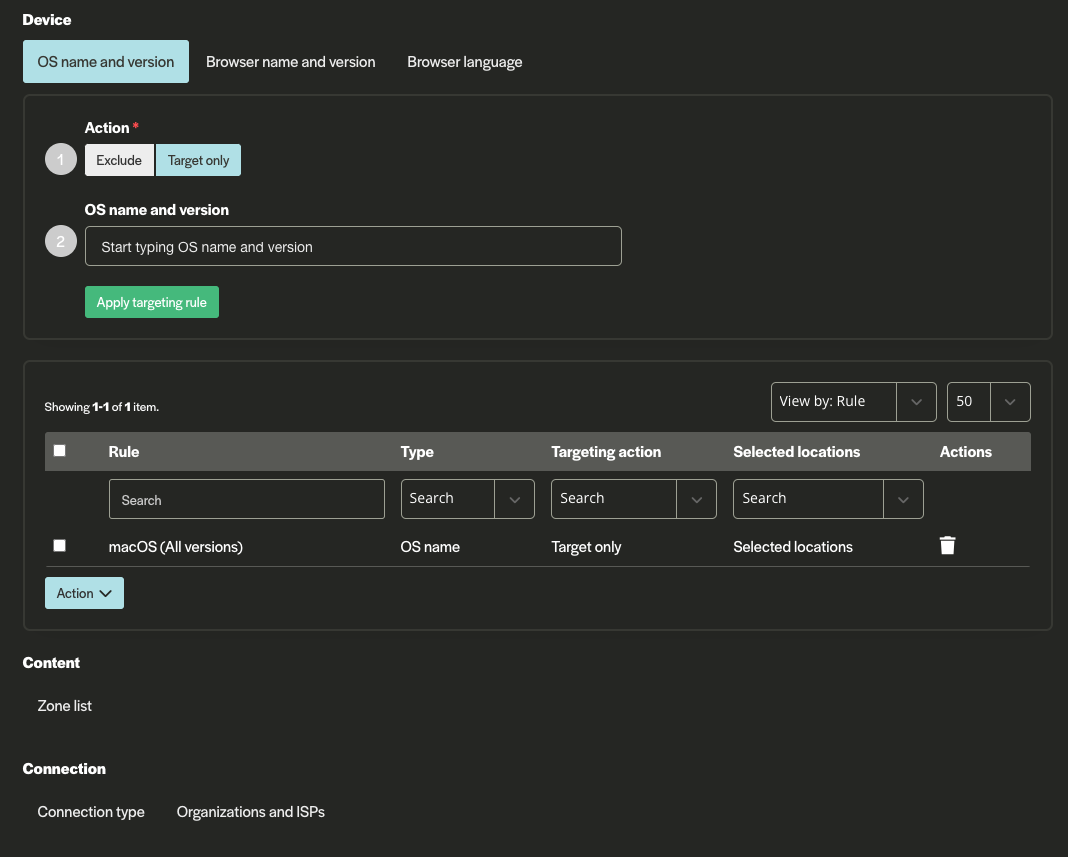 Device, content and connection type