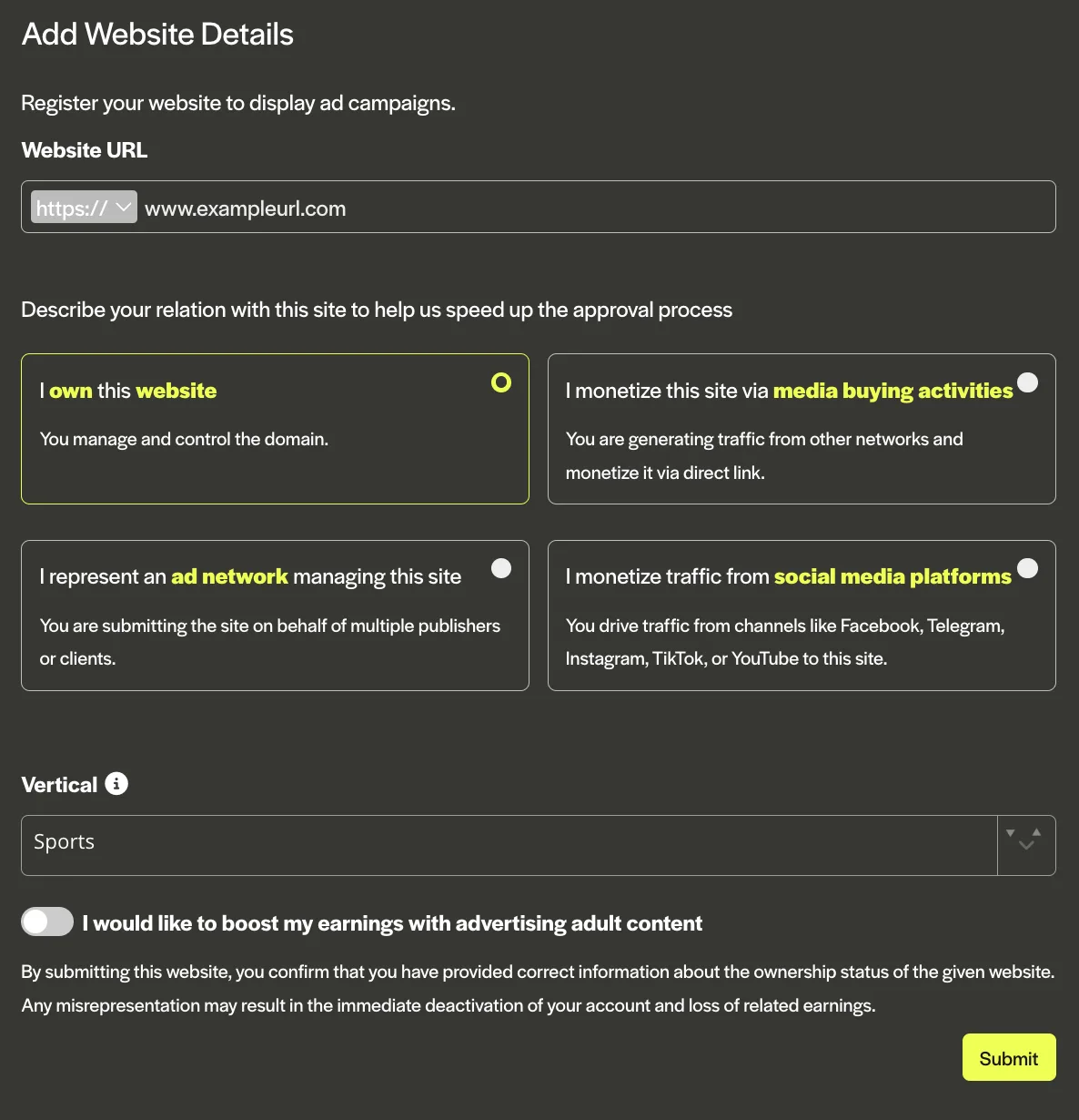 Add website details to get ads on your site