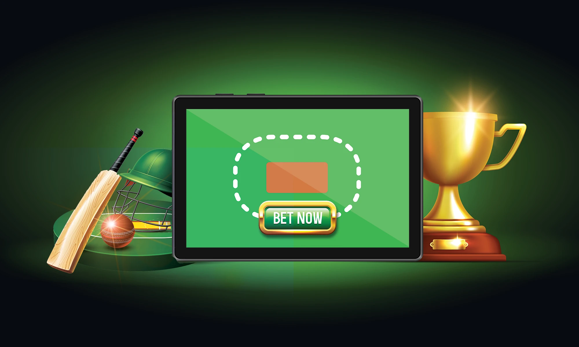 Photo of a tablet with text saying in the middle of the screen ''bet now'' with cricket bat and throphy next to the tablet