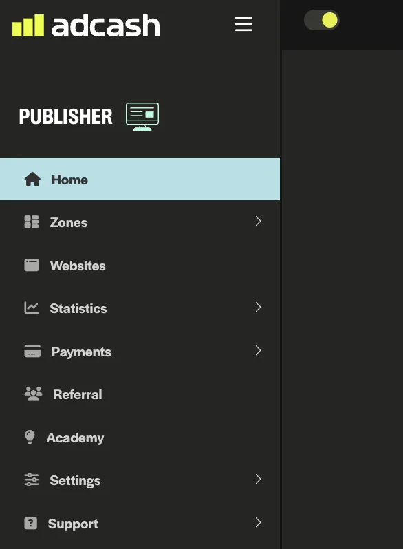Adcash Publisher Account Homepage