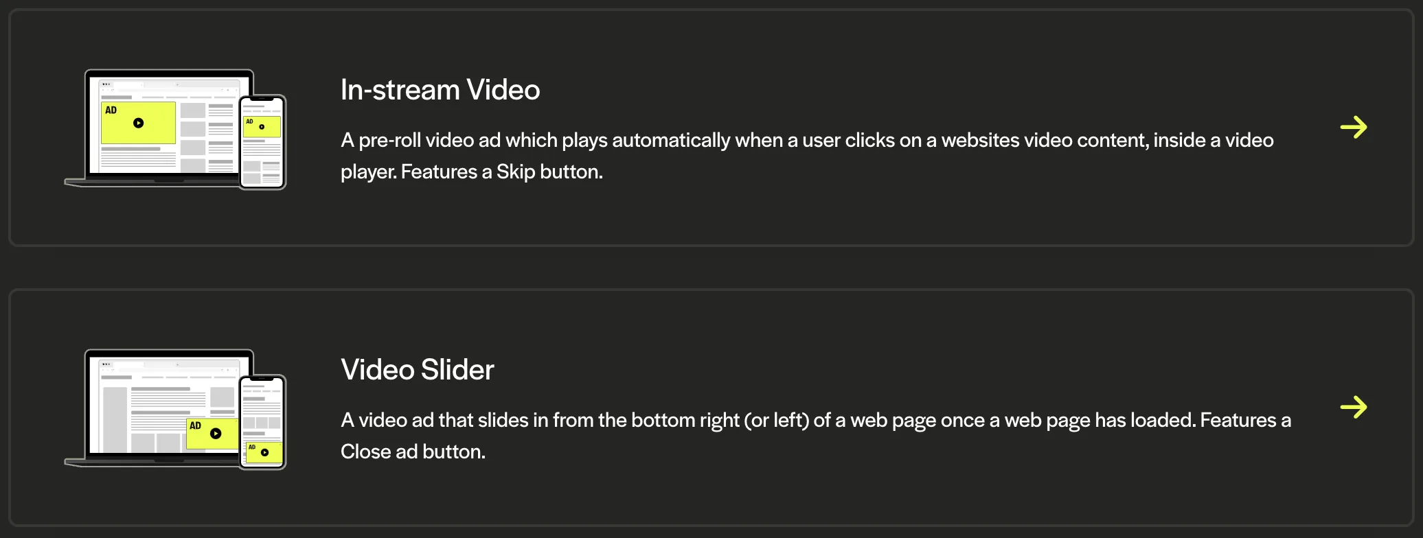 Options for video adverts on websites